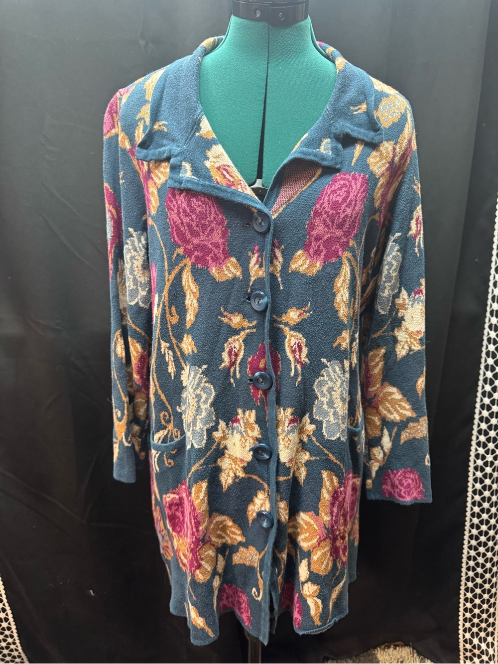 Floral Button-Front Long Cardigan Sweater - Blue with Pink & Gold Floral